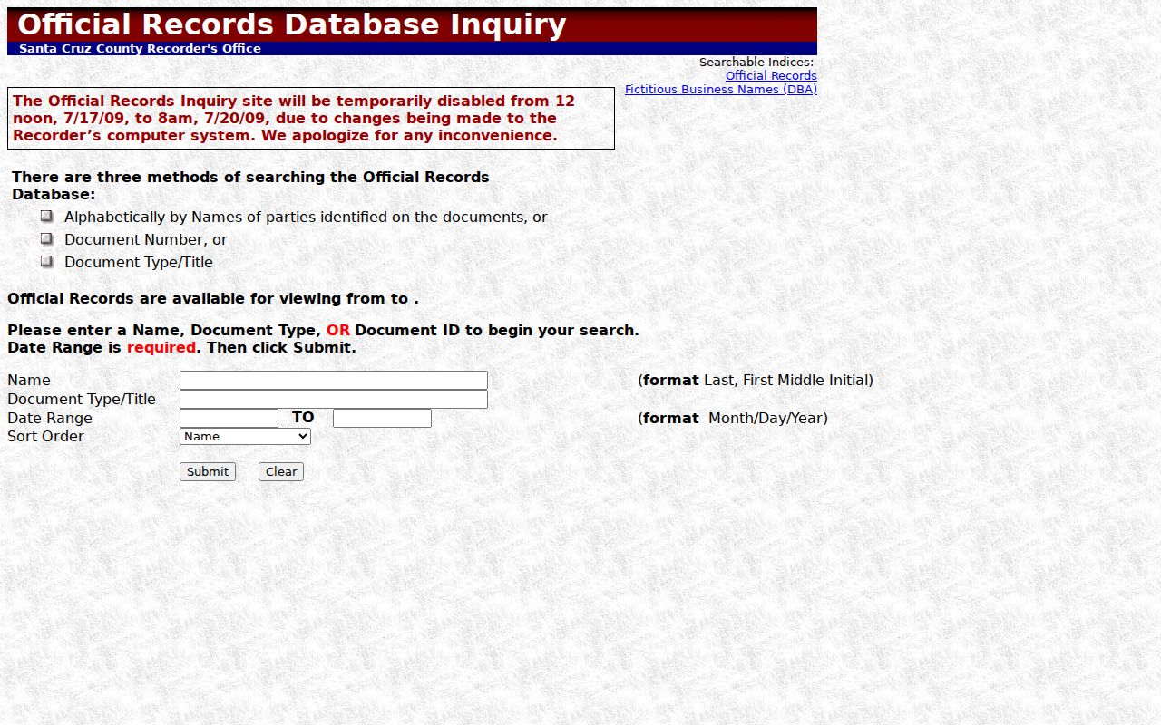 Santa Cruz people search Official Records index fields