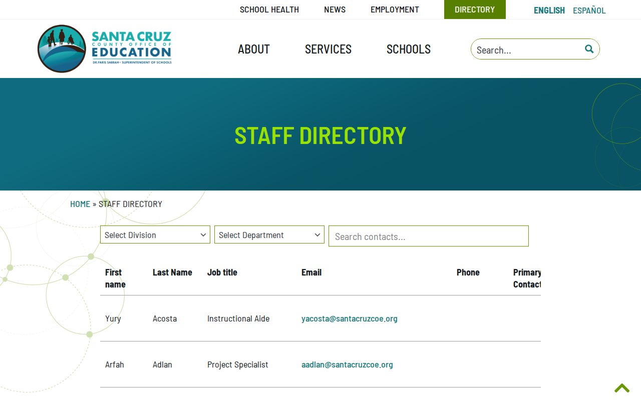 Santa Cruz people directories showing the County Office of Education staff filters