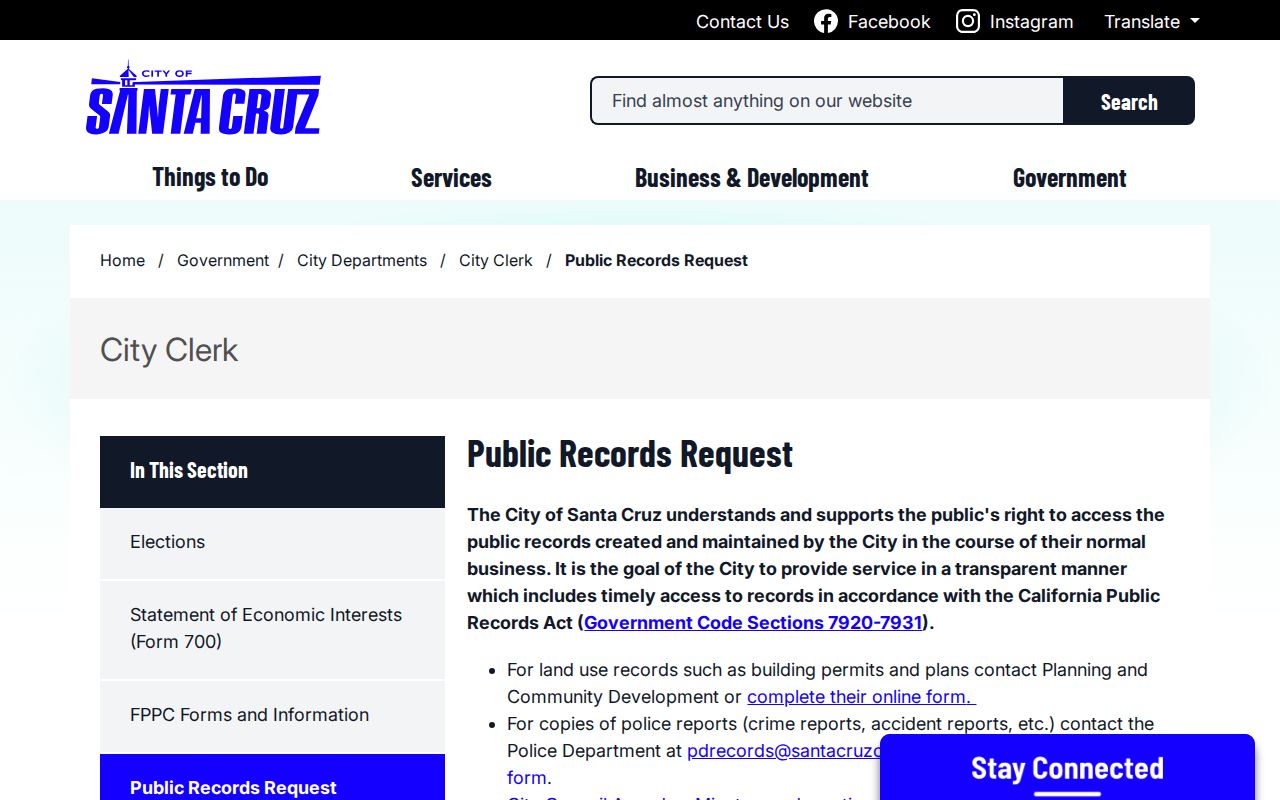 Santa Cruz public records City Clerk request page